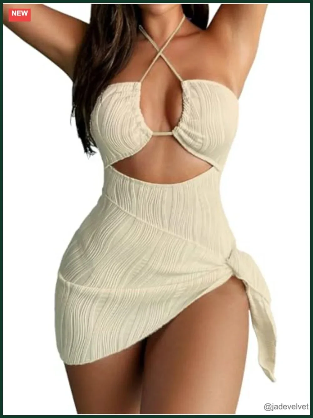 Textured Hollow Out Halter One Piece Swimsuit with Cover-Up Set